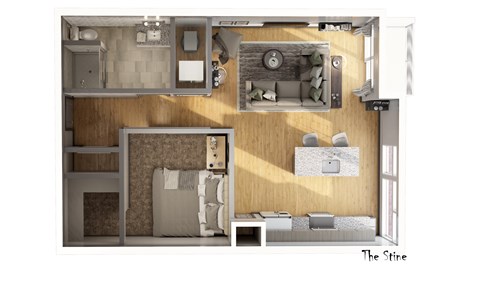 A drawing of a room with a bed, a couch, a table, and a cabinet.
